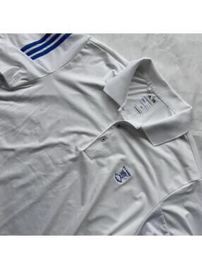 Adidas Golf Polo Shirt Old Course St Andrews White Blue Striped Sleeve Mens L